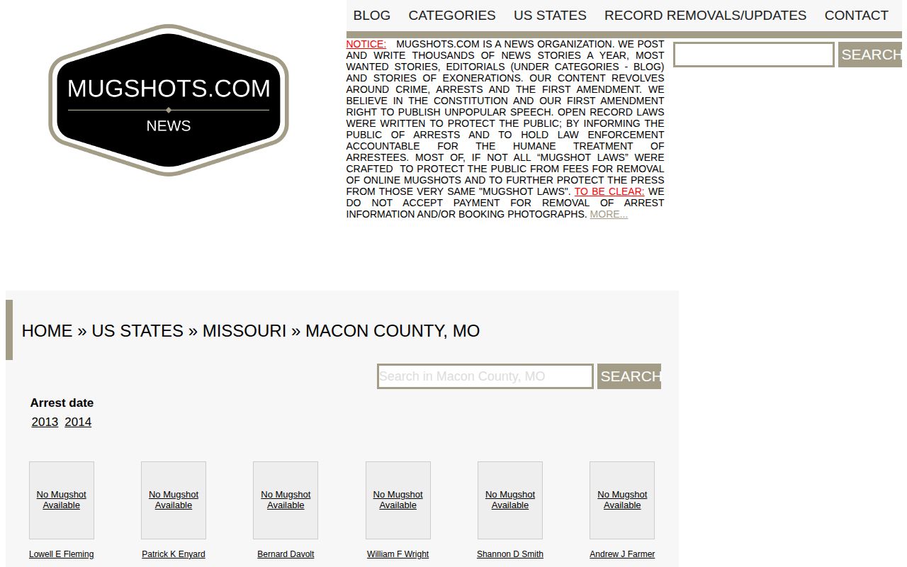 Macon County historical mugshot news source, Mugshots.com county page