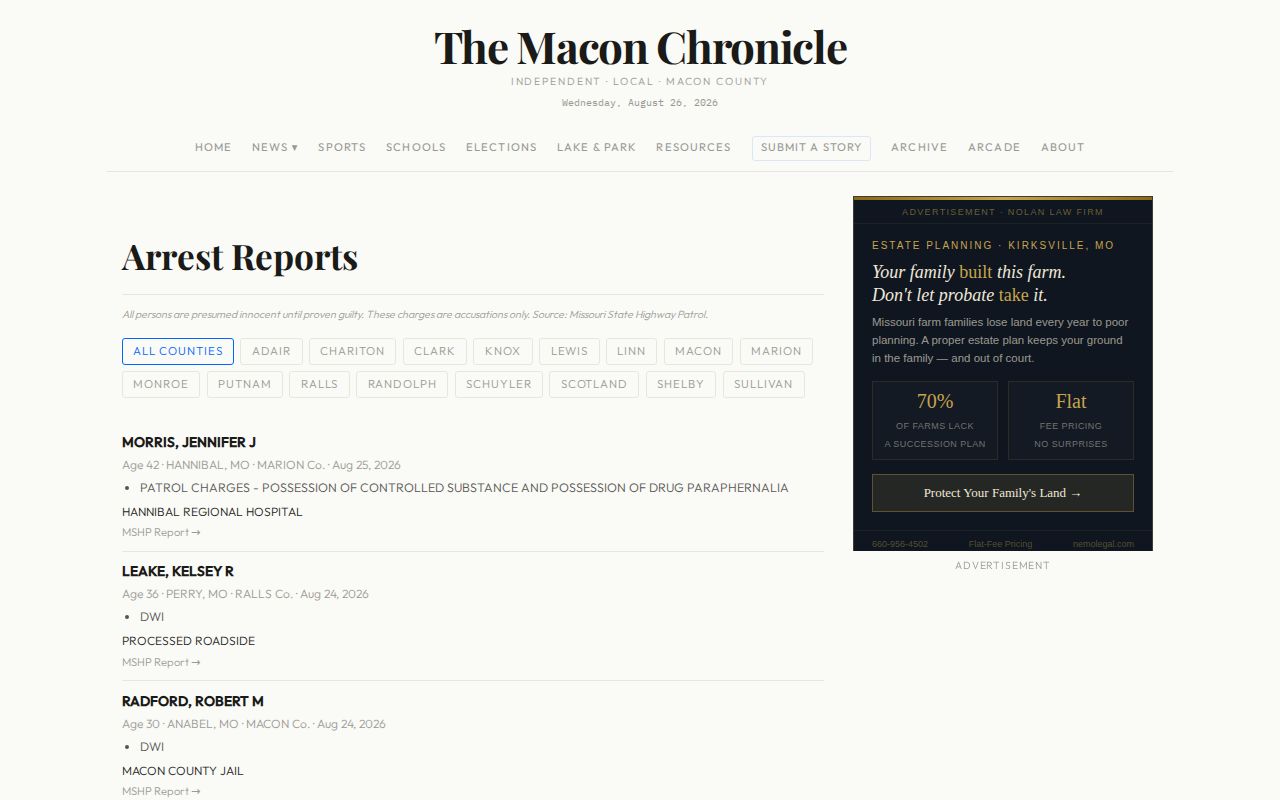 Macon County crime news source, Macon Chronicle arrest reports