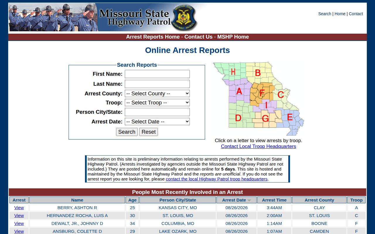 Macon County recent arrest search through Missouri State Highway Patrol