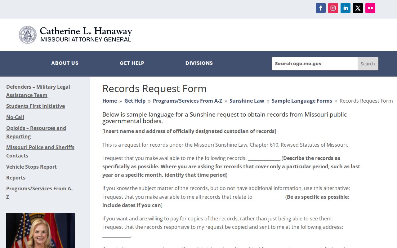 Macon County booking record request, Missouri Sunshine Law form